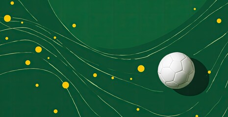 A soccer ball lies on a swirling, textured green background with yellow dots and curved lines