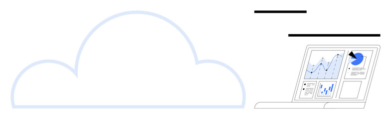 Cloud outline next to a laptop showing analytics, graphs, and charts. Ideal for technology, data, cloud computing, digital storage, innovation business trends. Minimalist flat metaphor
