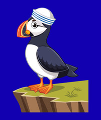 Brave Cartoon Atlantic Puffin Seafaring Captain Wearing a Navy Sailor Hat Standing Tall on a Blue Background