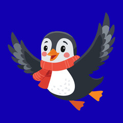 Energetic Cartoon Penguin Bird Flying with Wide Spread Wings and Wearing a Cozy Red Scarf