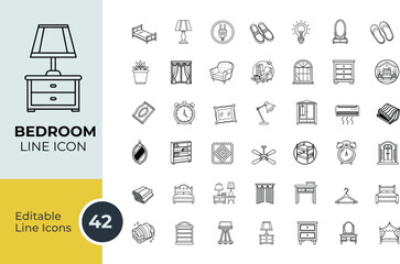Bedroom line editable icon set. Containing bed, alarm clock, desk lamp, pillow, sleep, etc.