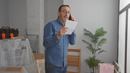 Man calls while reading note in modern living room with unpacked boxes and indoor plant suggesting new home atmosphere.