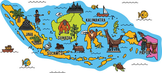 Naklejka premium Cartoon Map Of Indonesia With Famous Landmarks And Wildlife