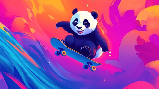 Panda skateboarding in vibrant abstract scene