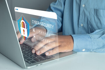 Business and Technology idea.,Businessman logging in on laptop with Cyber security, user authentication, and data protection icon concept for Secure password access for internet privacy.,copyspace.