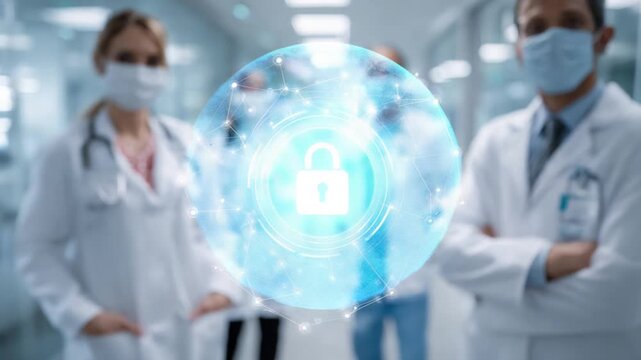 Medical professionals in a blurred background, featuring a digital padlock with data connections