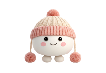 Sweet character in pink knit hat with pompom and braids, isolated on a transparent background