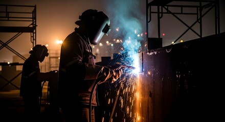 Welder in a helmet and protective gear working at night, creating sparks and bright light from welding metal at a construction site