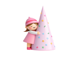 Adorable girl embracing star-decorated pink Christmas tree wearing pink hat, isolated on a transparent background