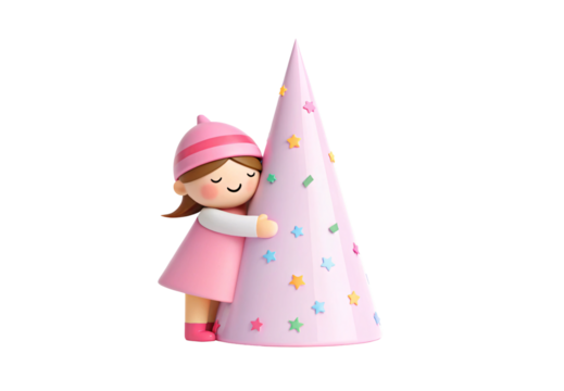 Adorable girl embracing star-decorated pink Christmas tree wearing pink hat, isolated on a transparent background