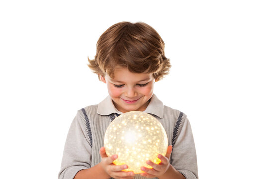 Happy child gazing at glowing snow globe with warm light, isolated on a transparent background