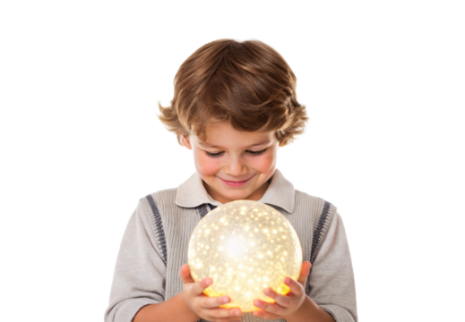 Happy child gazing at glowing snow globe with warm light, isolated on a transparent background - Powered by Adobe