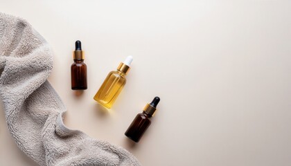 Obraz premium Flat lay of amber glass serum bottles and soft beige towel on neutral background for natural skincare and beauty product concept