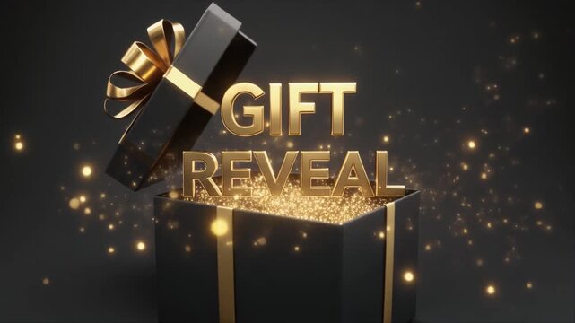 Elegant black gift box opening with golden ribbon in a dynamic reveal, promising luxury and celebration for special occasions and premium branding concepts