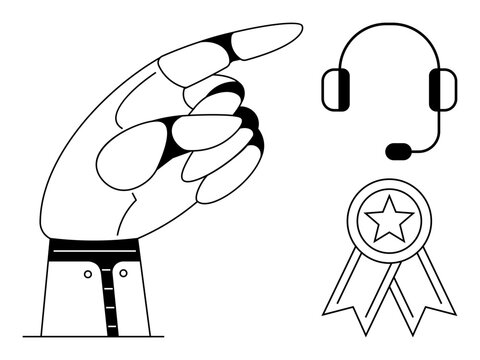 Hand pointing gesture, headset indicating communication, and ribbon with star symbolizing achievement. Ideal for customer support, guidance, teamwork, success, recognition, service leadership - Powered by Adobe