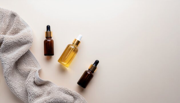 Flat lay of amber glass serum bottles and soft beige towel on neutral background for natural skincare and beauty product concept