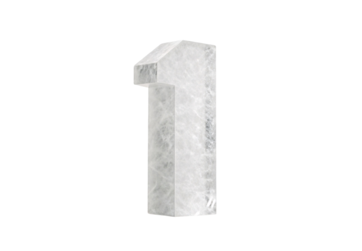 White concrete number one sculpture with textured surface, isolated on a transparent background