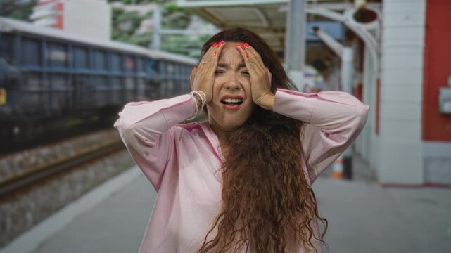Woman with long curly hair shielding face with hands, palms out at building train platform wearing pink shirt and bracelets; panic travel delay.