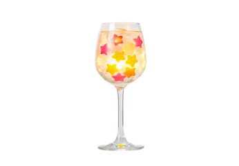Wine glass filled with star-shaped ice cubes in sparkling beverage, isolated on a transparent background
