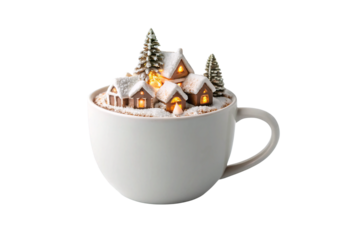 White mug featuring illuminated miniature gingerbread houses and frosted pine trees, isolated on a transparent background