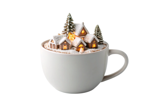 White mug featuring illuminated miniature gingerbread houses and frosted pine trees, isolated on a transparent background