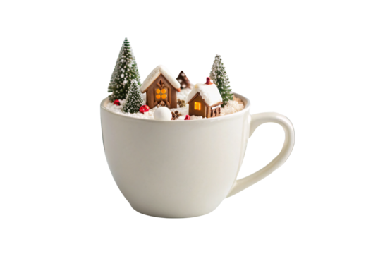 White mug with miniature gingerbread village scene and snow-covered trees, isolated on a transparent background - Powered by Adobe