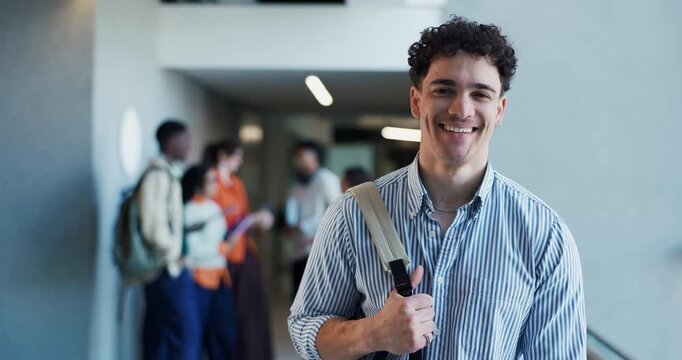 Face, confident and man in college, hallway or happy to learn with scholarship, student or education. Learner, future and people with funding opportunity for university, knowledge and academic grant
