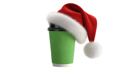 A festive green disposable coffee cup adorned with a fluffy white trimmed red santa hat isolated on transparent background