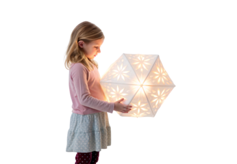 Child holding illuminated geometric snowflake lantern with cutout star patterns, isolated on a transparent background