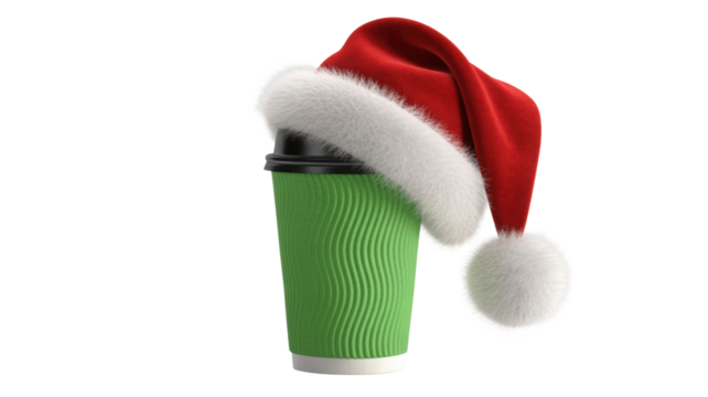 A festive green disposable coffee cup adorned with a fluffy white trimmed red santa hat isolated on transparent background