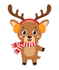 Sweet Baby Deer Mascot Wearing Red Earmuffs and a Striped Scarf Looking Adorable and Ready for Snowfall Illustration