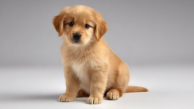 Adorable golden retriever puppy sitting patiently, looking directly at the camera with innocent eyes, showcasing its fluffy fur and cute features in a studio portrait