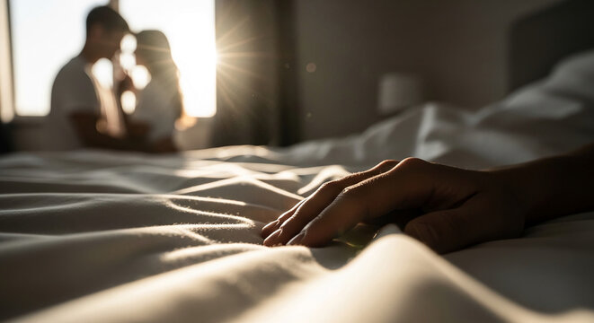 Close-up of hand on soft bedding, sunlit background showing blurred couple in the distance, suggesting intimacy and morning tranquility - Powered by Adobe