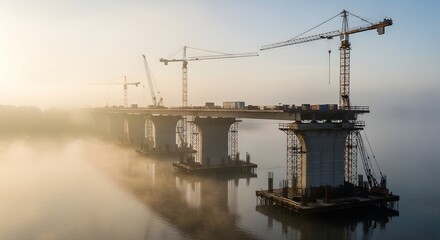 Fototapeta premium Bridge construction over water at sunrise, with large concrete pillars and cranes rising from the mist, highlighting infrastructure development