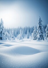 Obraz premium Soft snowdrifts in the foreground with a blurry, snow-laden evergreen forest under bright light