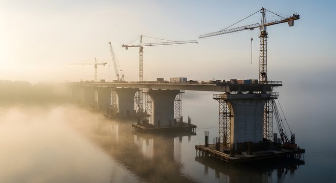Bridge construction over water at sunrise, with large concrete pillars and cranes rising from the mist, highlighting infrastructure development - Powered by Adobe