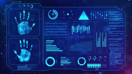 Digital Biometric Analysis Interface Visualization Charts High-tech interface biometric handprint data displays visual analytics, advanced systems security information processing futuristic setting 3D - Powered by Adobe