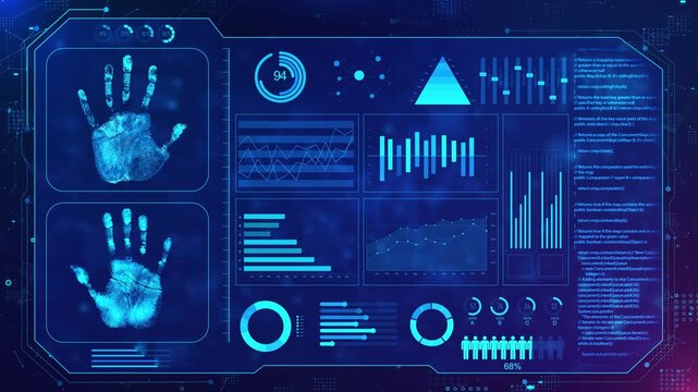 Digital Biometric Analysis Interface Visualization Charts High-tech interface biometric handprint data displays visual analytics, advanced systems security information processing futuristic setting 3D - Powered by Adobe
