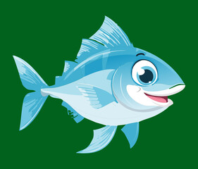 Friendly cartoon blue fish illustration with a large smile and a welcoming posture, ideal for children's books or fun marine learning content