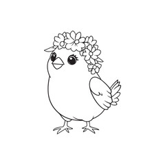 Cute Kawaii Bird with Flower Crown | Adorable Animal Line Art Illustration
