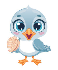 Adorable cartoon vector illustration of a small penguin animal with big innocent eyes, holding a white seashell and smiling sweetly