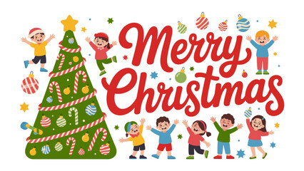 Festive Cheer: Children embrace Christmas, celebrating joyfully around a adorned tree, with festive decorations. A season of warmth and cheer.