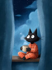 Cartoon cat in pajamas sits on a windowsill looking at the night sky while holding coffee.