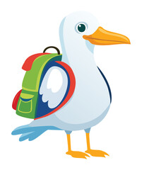 A full-body illustration of a white seagull animal with a green and red backpack, standing on white ground, ready for a hiking or travel concept vector