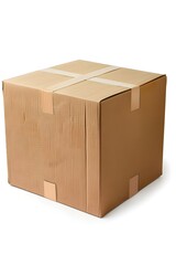 Sealed cardboard box ready for shipping or storage, isolated against a plain white backdrop.