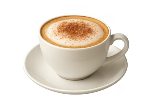 Cappuccino in white cup with cinnamon powder transparent background