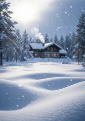 Fototapeta premium Snow falls over glistening drifts leading toward a warm, cozy cabin in a forest