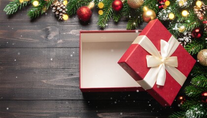 Festive gift box surrounded by christmas decorations cozy home setting high-quality image warm atmosphere bird's eye view celebration concept