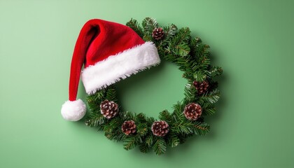 Festive action christmas wreath with santa hat indoor decoration seasonal environment close-up view holiday concept