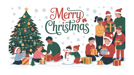 Holiday Cheer: Children and adults gather around a decorated Christmas tree, amidst snowflakes, and embrace the holiday spirit with gifts and joyful smiles. 